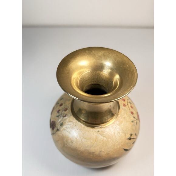 Solid Brass Enameled Cloisonne Vase Flowers 5" India Heavy - Picture 8 of 10
